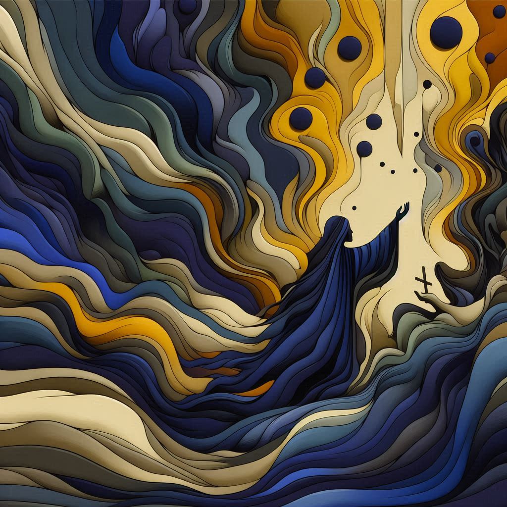 abstract image in blues, yellows, creams of a figure reaching up like unto God