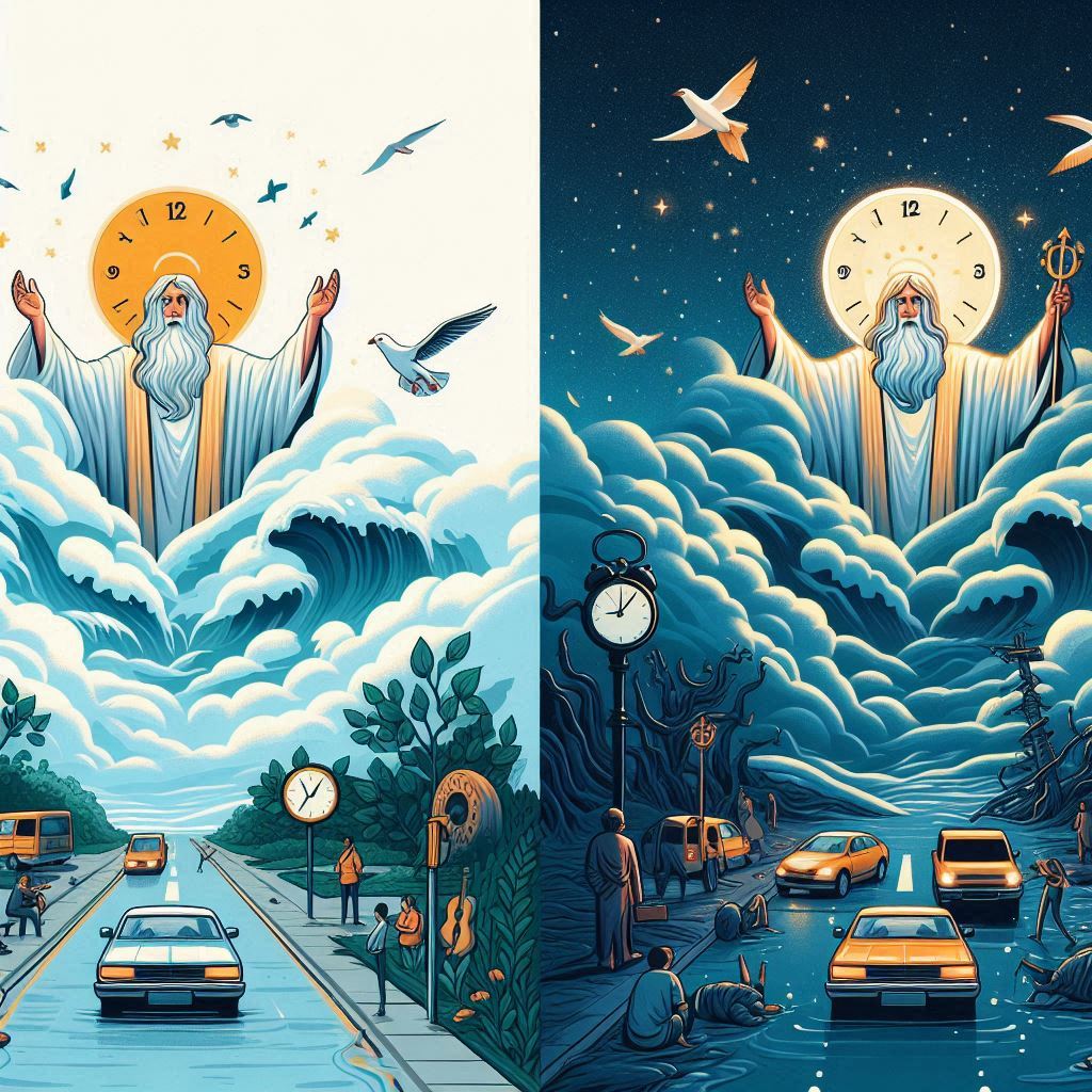 blue, white and yellow image of a white bearded God in both a day and night setting representing Gods timing