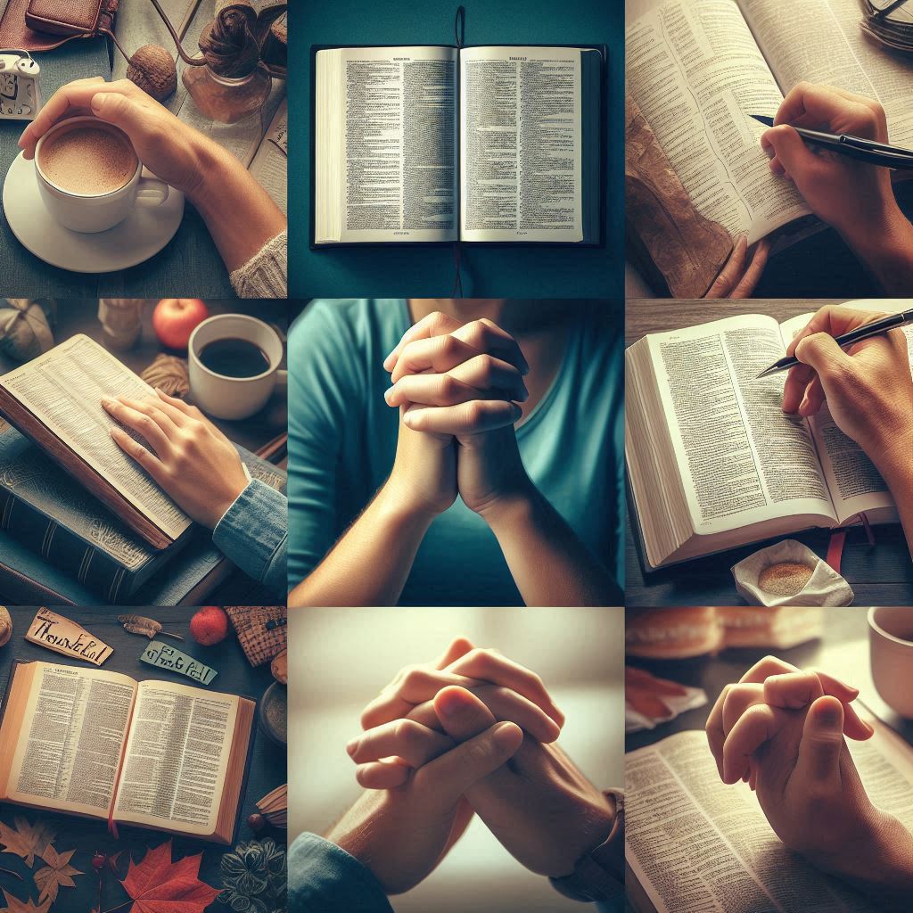 a-collage-of-someone-praying-reading-scripture-being-thankful-and-encouraging