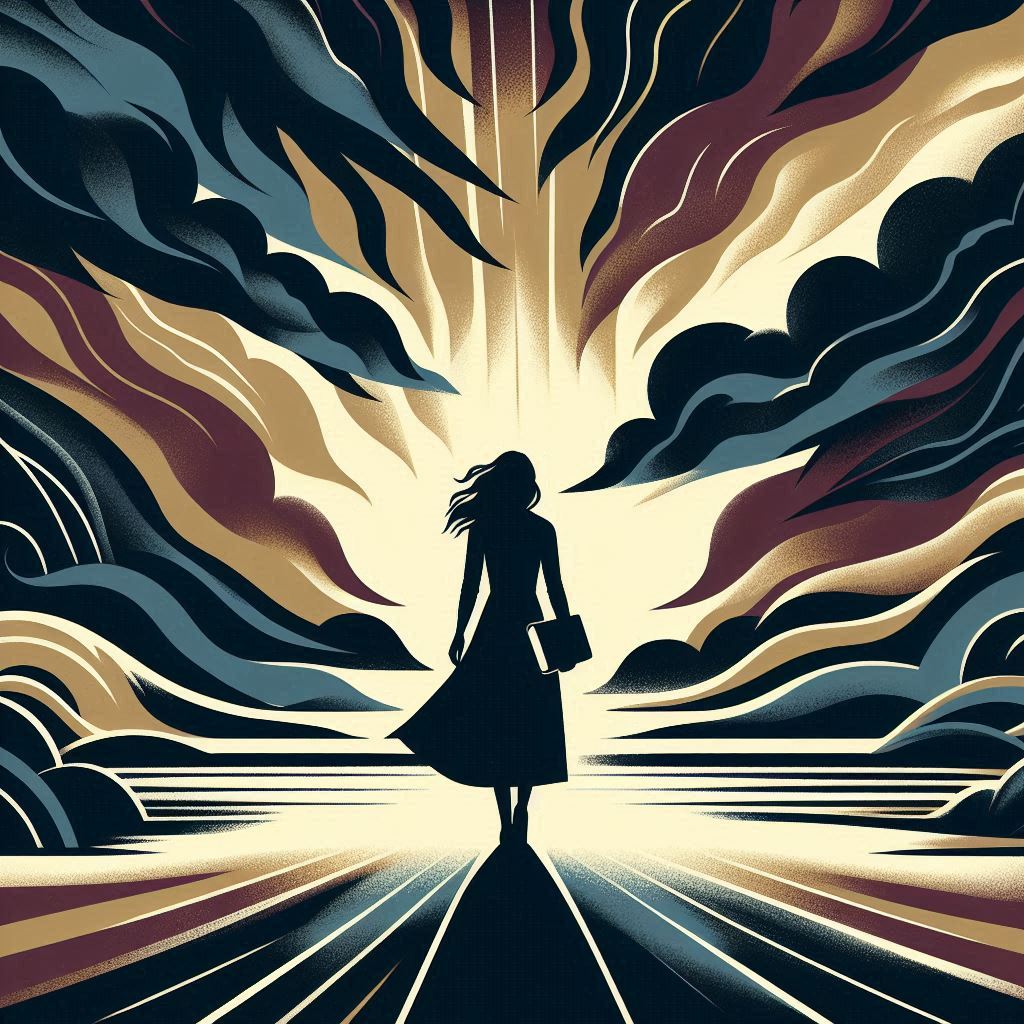 women silhouette in a storm of blues and beige colors
