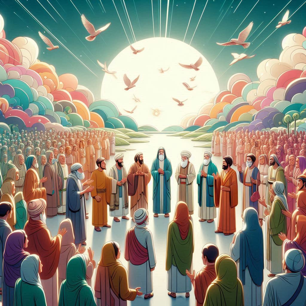 men and women of the book of Acts church family gathering - abstract colorful image