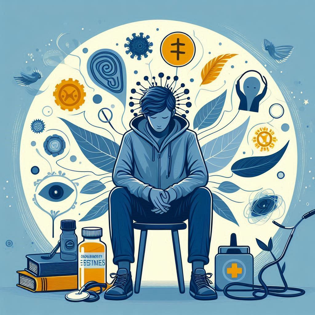 a blue, yellow and white image of a man sitting, looking down...suffering from Mental illness/PTSD