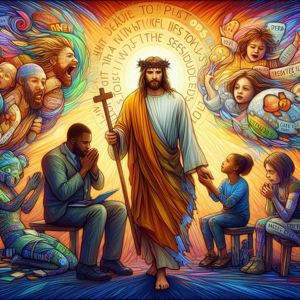 Jesus walking in the midst of people suffering mentally