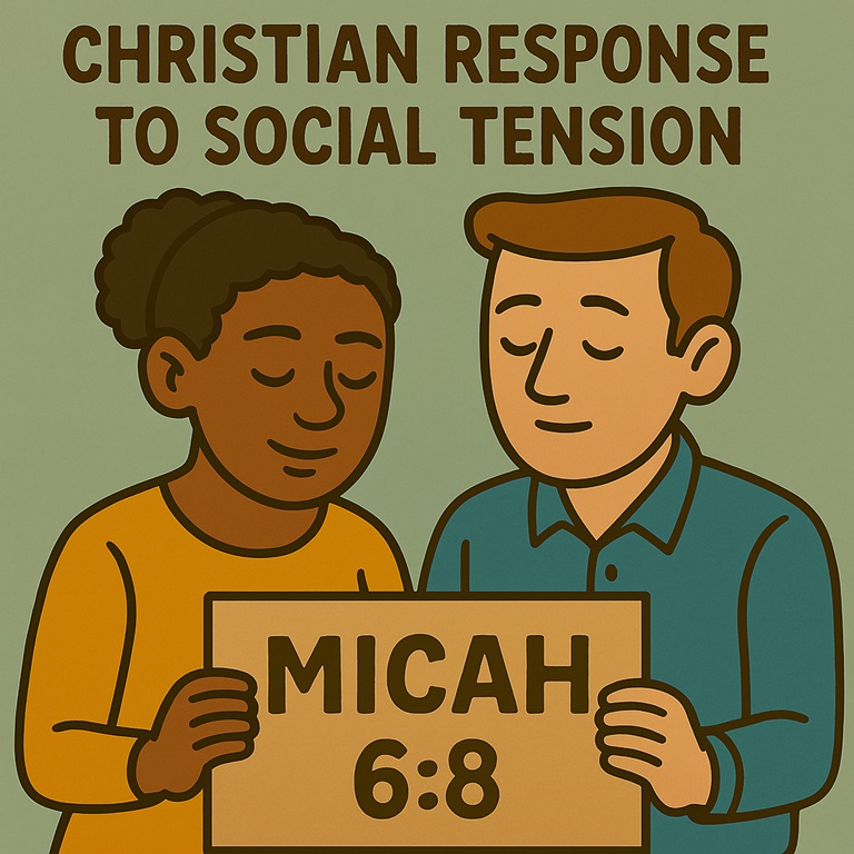 multi racial cartoon couple holding sign of Micah 6:8