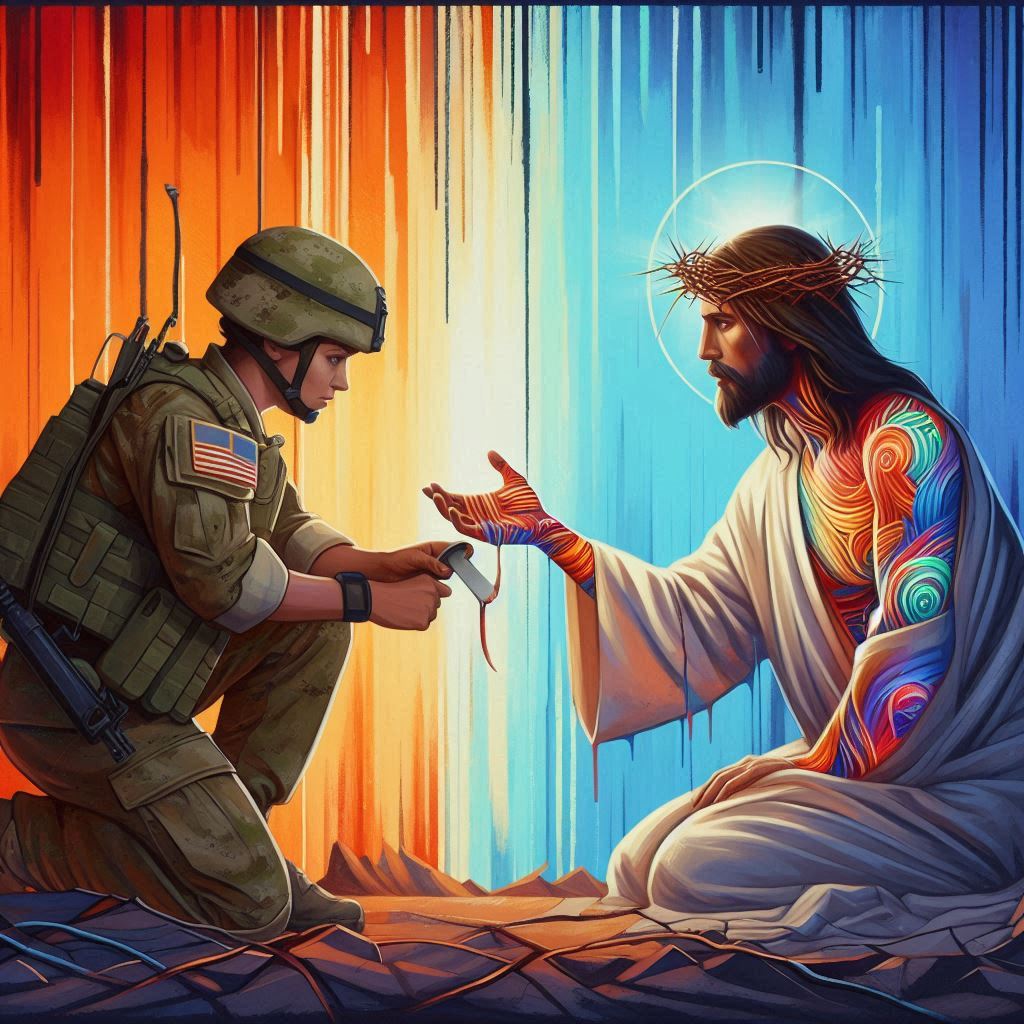 Jesus kneeling with a PTSD wounded soldier