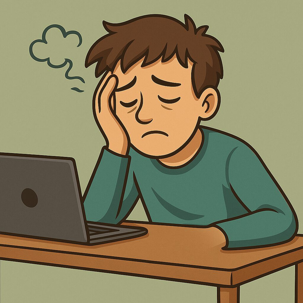 an image of a man with brown hair and blue shirt sitting at computer desk with mental fatigue