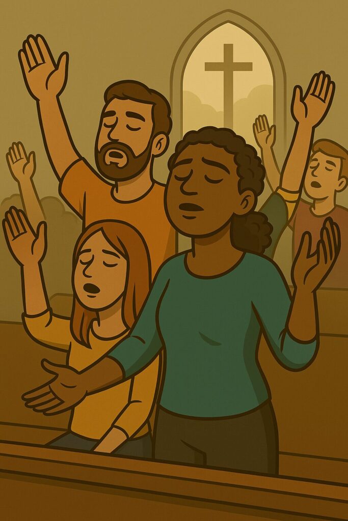 a-cartoon-style-image-showing-people-in-church-reaching-to-God-and-worshipping-with-varied-colors-of-clothes-and-people