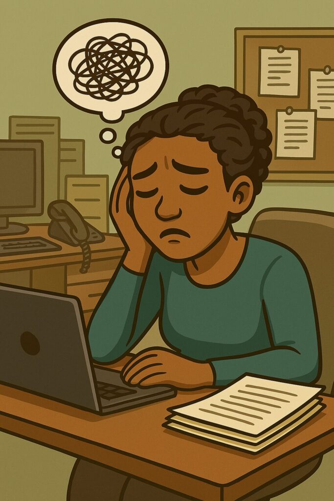 an-African-American-woman-at-a-busy-office-with-a-bubble-over-her-head-showing-scattered-and-fatigued-thoughts