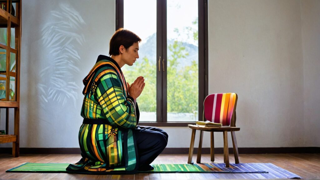 a man kneeling praying in front of a small chair with a bible