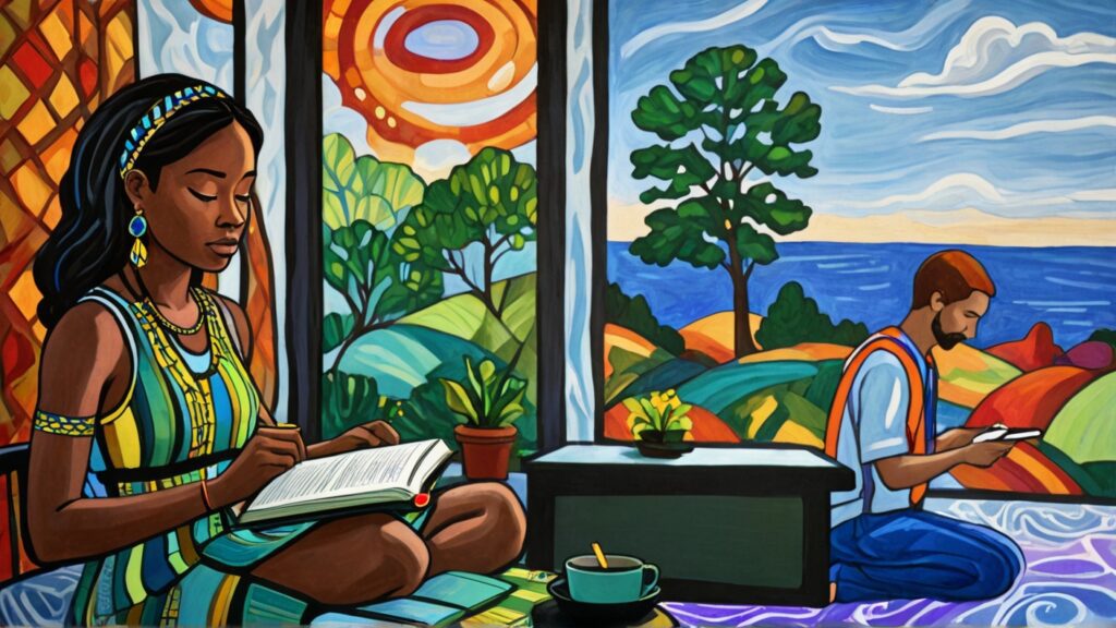 a woman and a man one indoors 1 outdoors being still with God individually