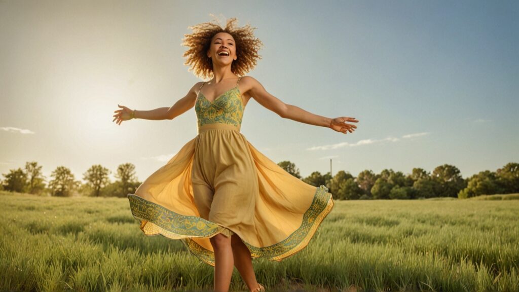 woman with curly hair dancing in field with a pretty dress on