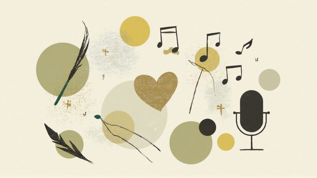 small yellow and green images of music symbols, hearts