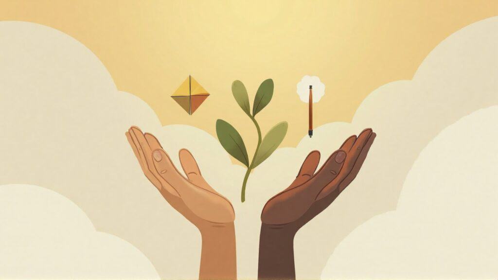 light skin and dark skin hands togehter holding a plant reaching up together