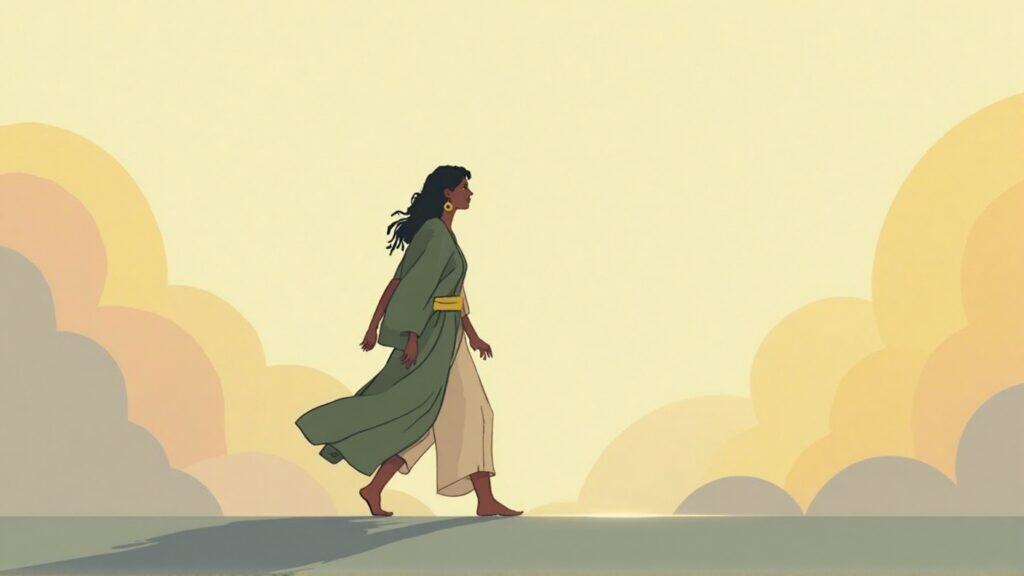 a woman with dark skin walking across a colorful whimsical background