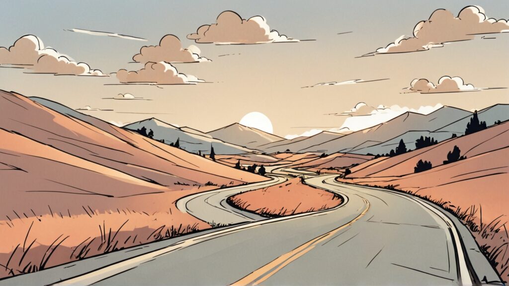 a cartoon highway leading off into the horizon