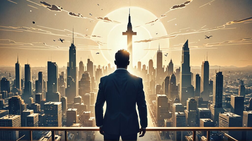 man looking over the city from the backside of him looking out from somewhere high up ...thoughtful