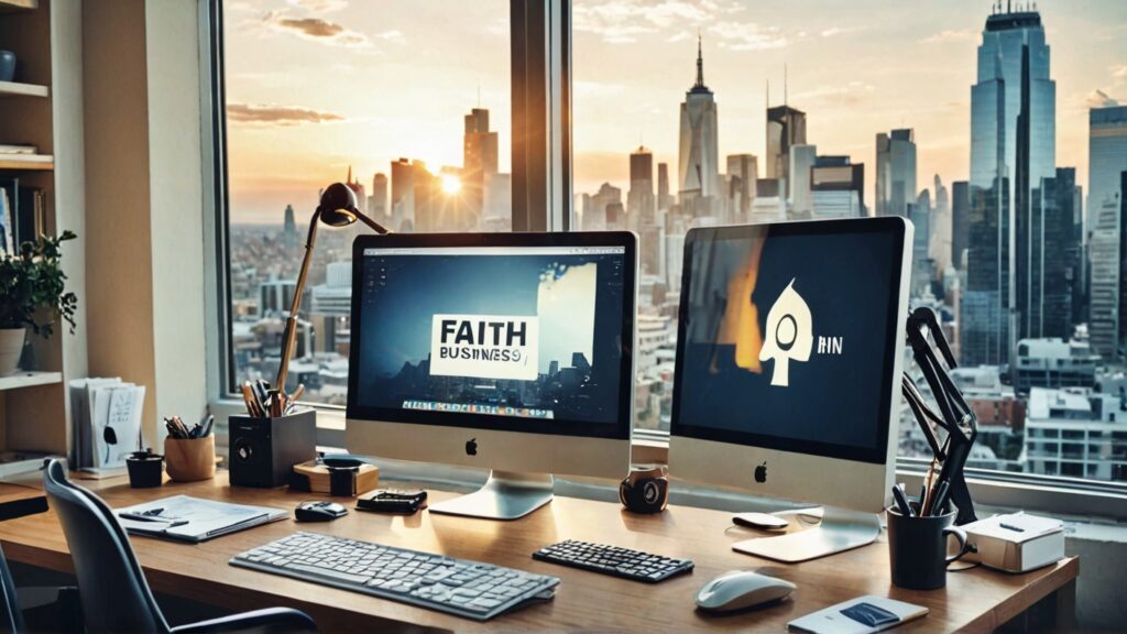 office in a tall city building with a computer displaying the word Faith