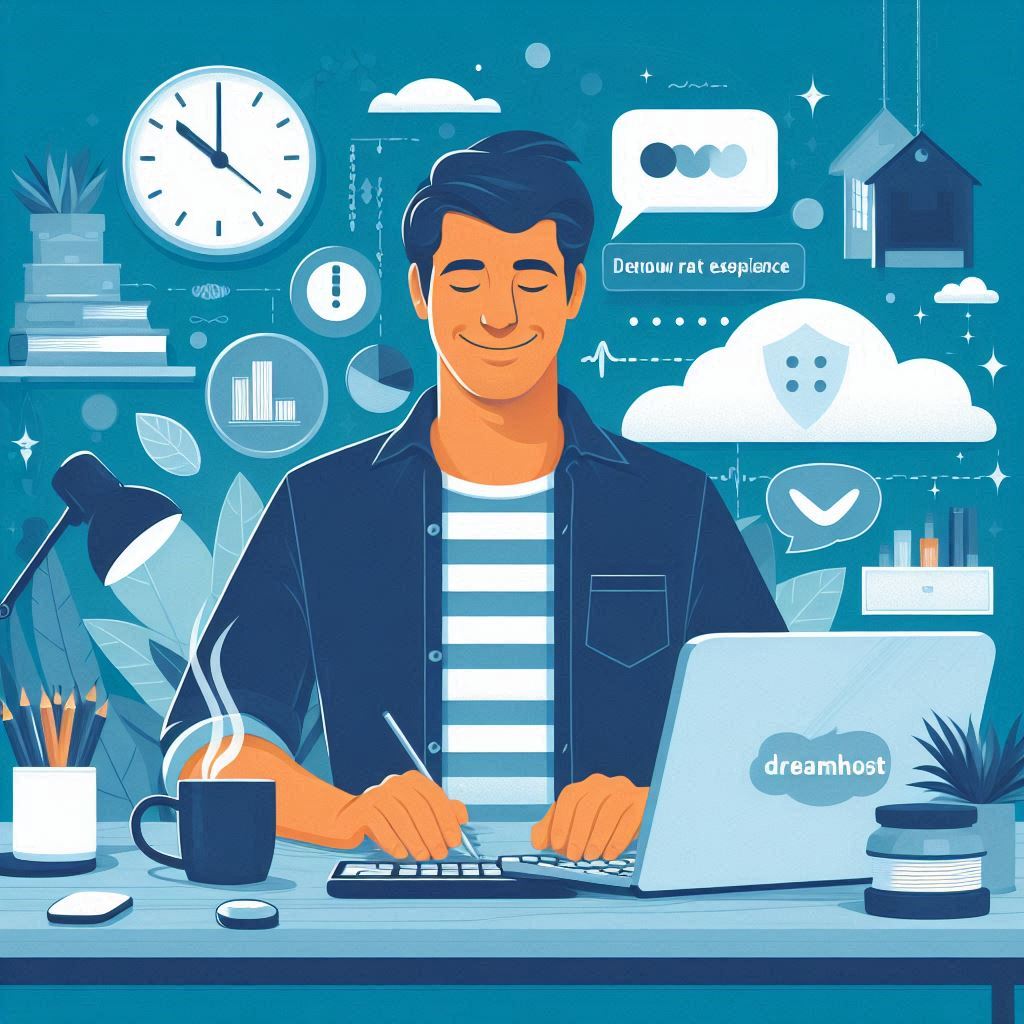 guy working on laptop at desk blue background