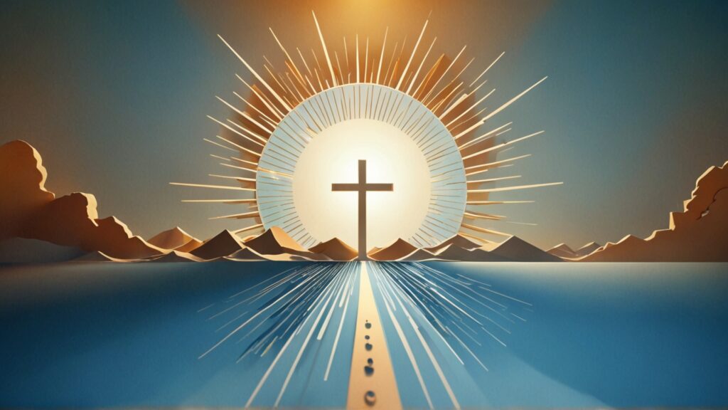 blue and gold image with a path to the Christian cross