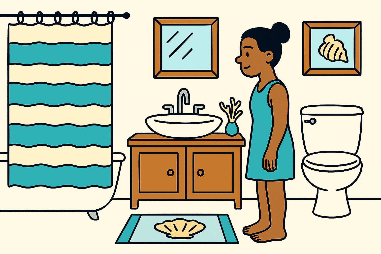 woman decorating bathroom with beach theme